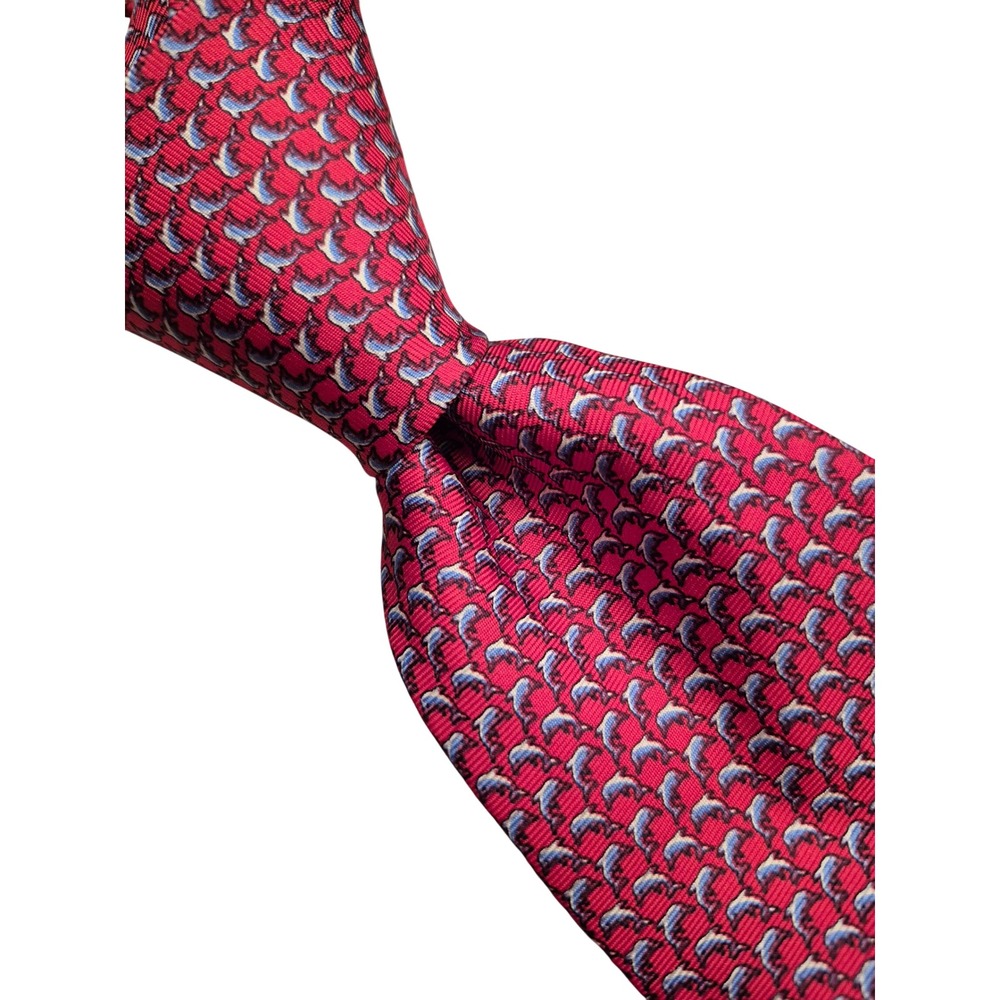 Saks Fifth Avenue Mens Red Whimsical Dolphin Animal Print Silk Italy Skinny Tie